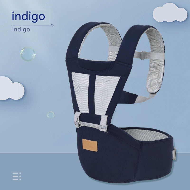 Indigo breathable baby hip seat carrier with mesh panels and adjustable straps for comfort
