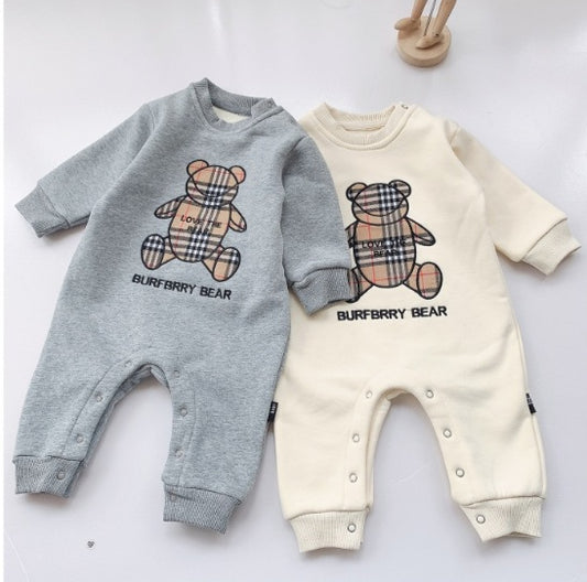 Trendy baby onesies for boys in gray and cream with teddy bear plaid design and snap buttons