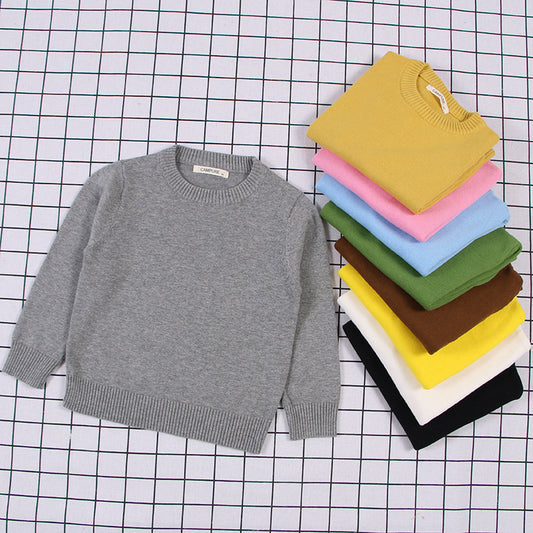 Collection of solid color toddler sweater in various shades including gray, yellow, pink, blue, green, brown, white, and black