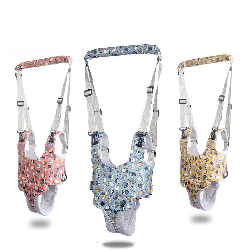 Three colorful dual-purpose child walking belts in pink, blue, and yellow with adjustable straps and cute animal patterns