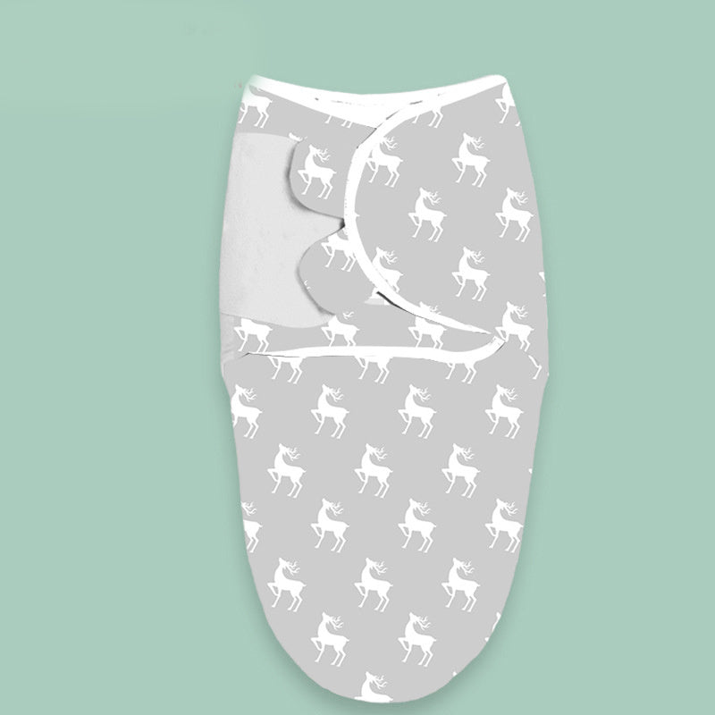 Gray baby swaddle blanket with white deer pattern and secure fasteners for cloud print newborn swaddle