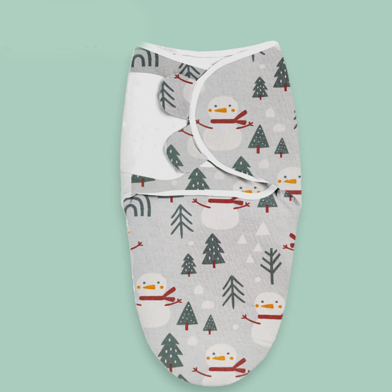 Gray cloud print newborn swaddle with snowman and tree pattern for infant comfort