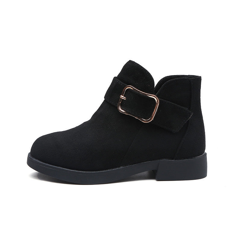 Black suede comfortable boots for big kids with decorative buckle and low heel