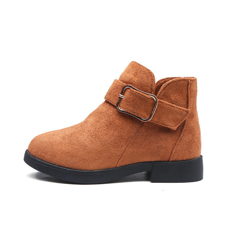Brown suede comfortable boots for big kids with adjustable buckle strap and black sole