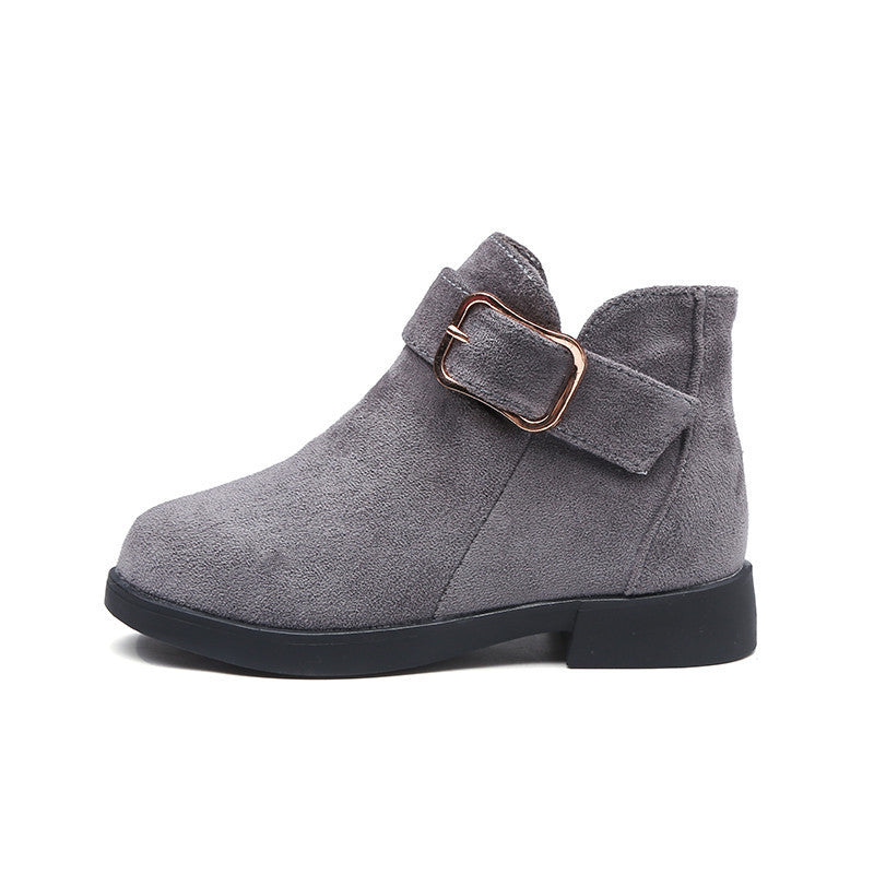 Gray suede comfortable boots for big kids with buckle strap and black sole