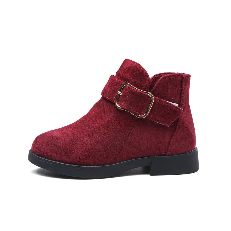 Red suede comfortable boots for big kids with black sole and decorative buckle strap