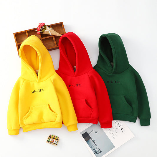 Set of yellow red and green cotton baby hoodie with OH YES text and front pocket for toddlers