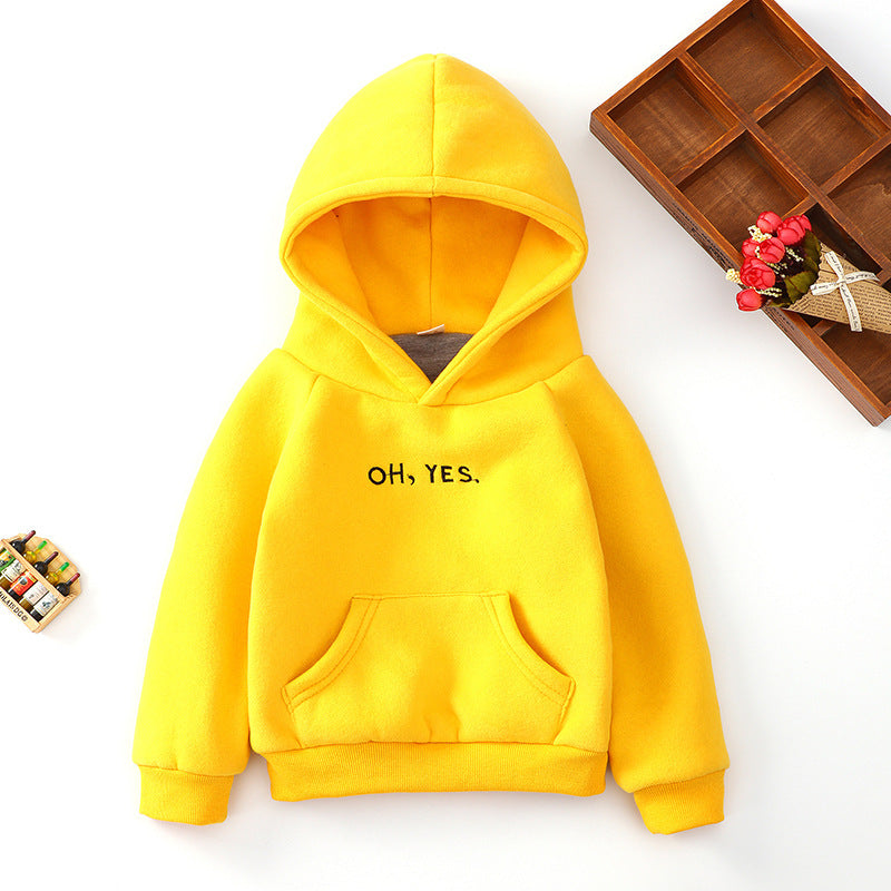 Yellow cotton baby hoodie with front pocket and OH YES text embroidery on chest