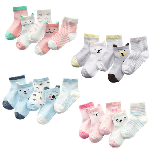 Colorful cotton kids socks pack with animal and striped patterns in pastel shades for toddlers