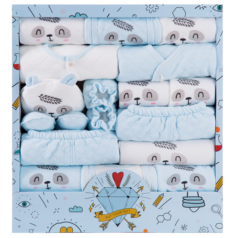 Cotton newborn gift set in blue with bear face prints including clothes, mittens, and blankets in gift box