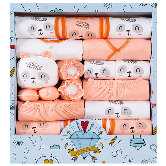 Cotton newborn gift set with peach and white baby clothes featuring cute bear faces in a decorative gift box