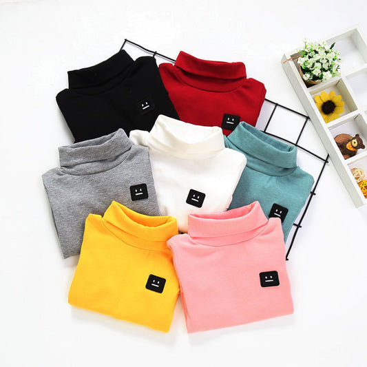 Assorted colorful cotton tops for toddlers with turtleneck design and smiley face patch