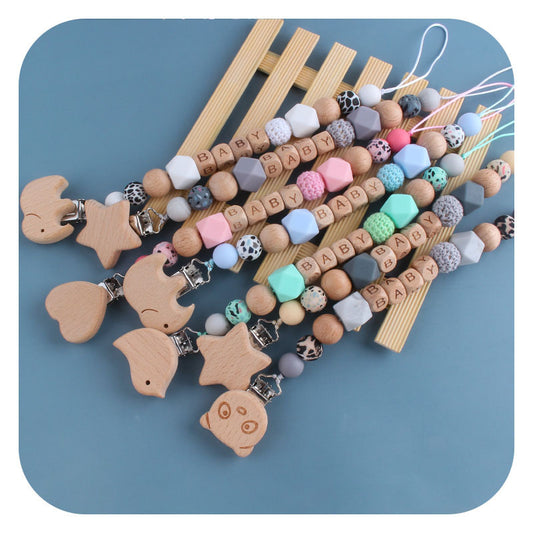 Colorful cute baby pacifier chain with wooden animal clips and bead patterns for infants