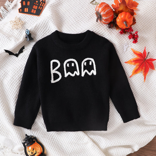 Black cute ghost sweater for toddlers with white ghost designs and Halloween decorations
