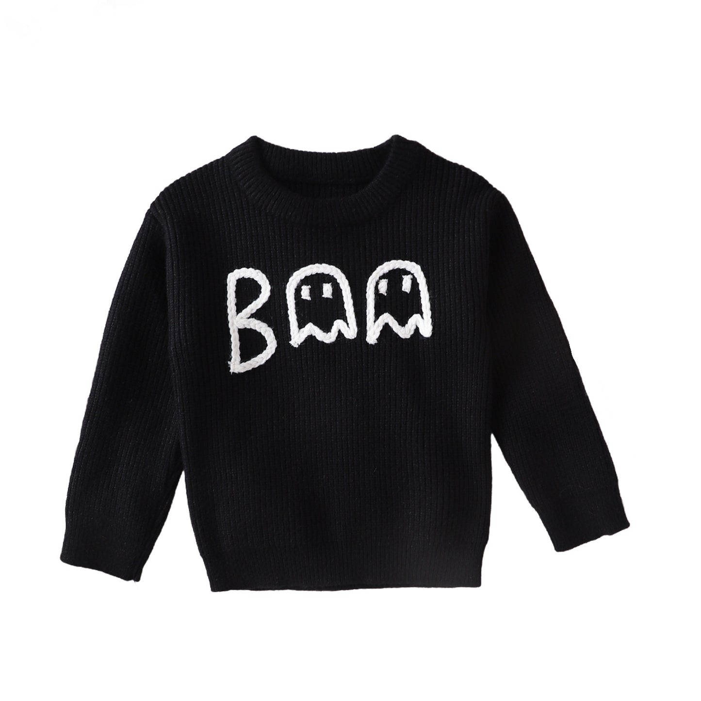 Black Halloween cute ghost sweater for toddlers with white boo ghost design
