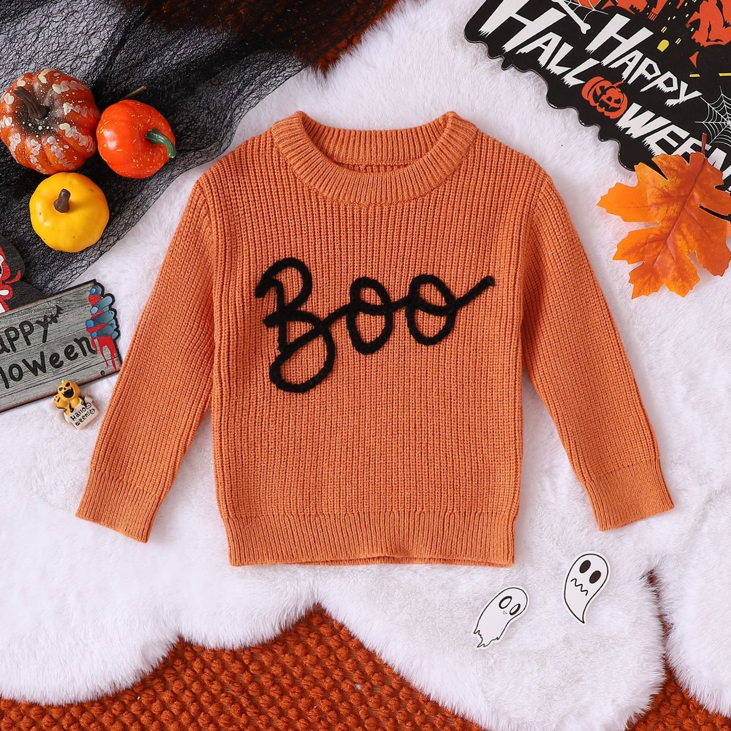 Orange toddler sweater with Boo text in black perfect cute ghost sweater for toddlers Halloween outfit