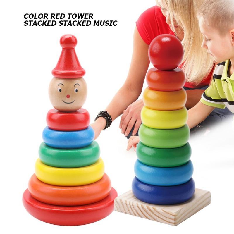 Colorful wooden stacking tower toy for early learning toys for infants with red top and rainbow rings