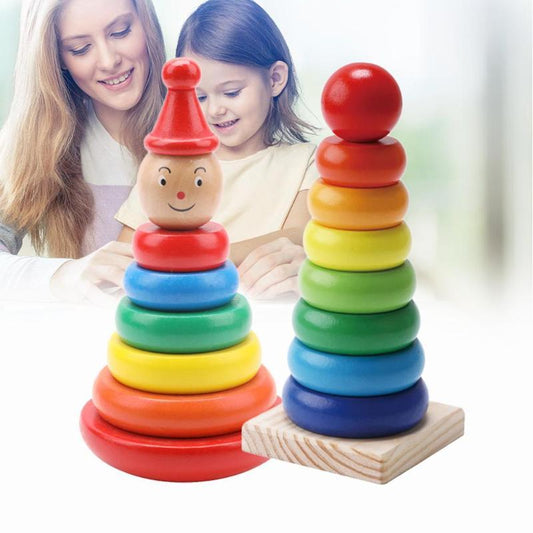 Colorful wooden stacking rings toys for early learning toys for infants with smiling child and adult