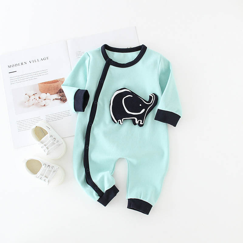 Light blue elephant print baby onesie with black trim and snap buttons for easy dressing