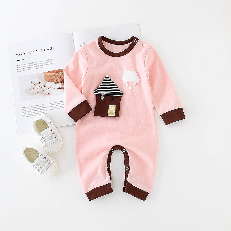 Pink elephant print baby onesie with brown trim and house and cloud design on front