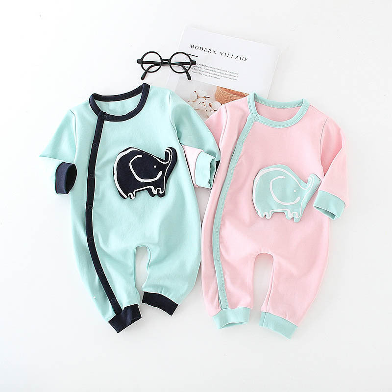 Blue and pink elephant print baby onesie set with long sleeves and snap closures
