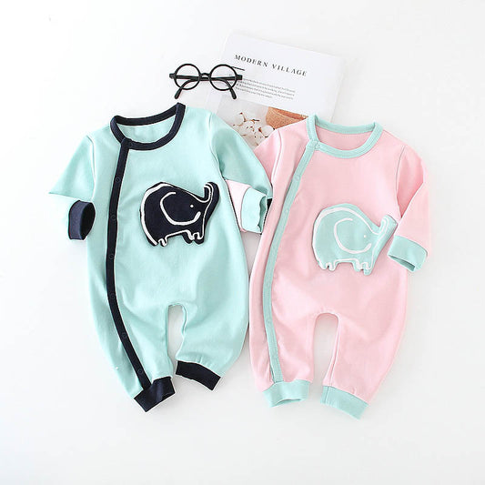 Blue and pink elephant print baby onesie set with long sleeves and snap closures