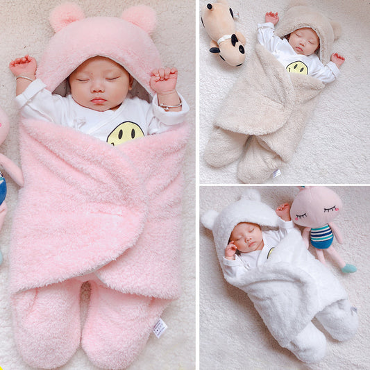 Soft fleece envelope baby swaddle in pink, beige, and white with cute bear ears for newborns