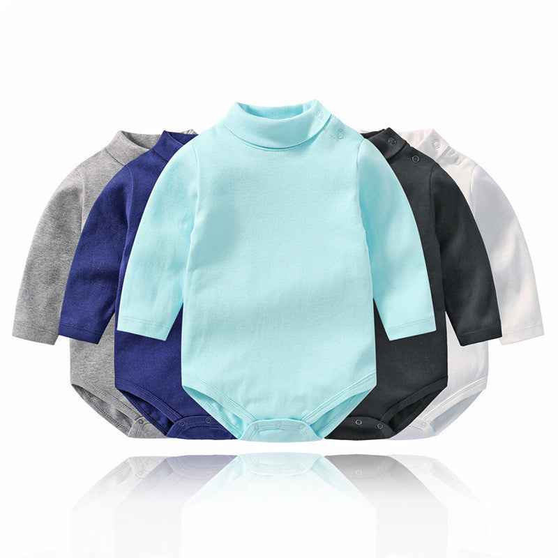 Set of colorful long sleeve baby onesies in blue, black, white, gray, and navy for infants
