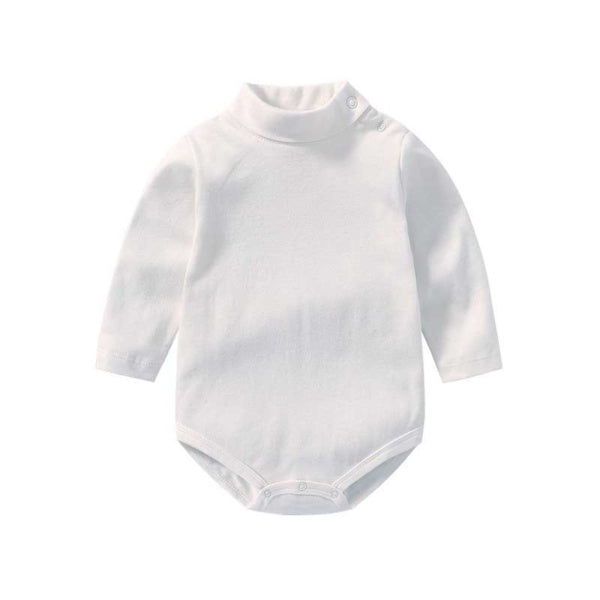 White long sleeve baby onesies with snap buttons on shoulder and bottom for easy dressing