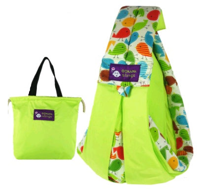 Bright green lightweight baby carrier bag with colorful bird pattern and matching storage pouch