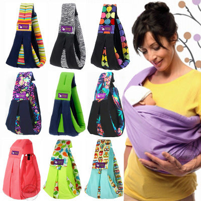 Colorful lightweight baby carrier bag collection with various patterns and a woman carrying a baby in a purple baby carrier