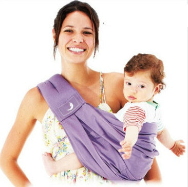 Woman carrying baby in purple infant carrying strap baby carrier for hands-free comfort