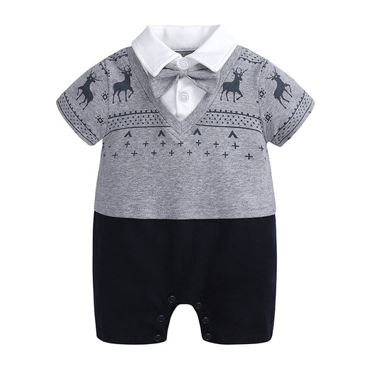 Gray and black infant romper with bow tie featuring deer pattern and white collar