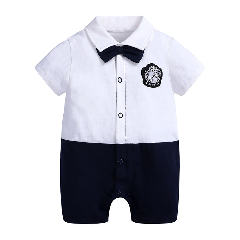 White and navy infant romper with bow tie featuring short sleeves and front buttons