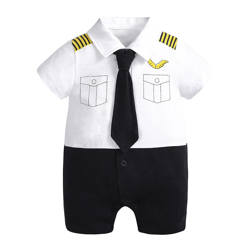 Infant romper with bow tie designed as a pilot uniform with white top and black bottom
