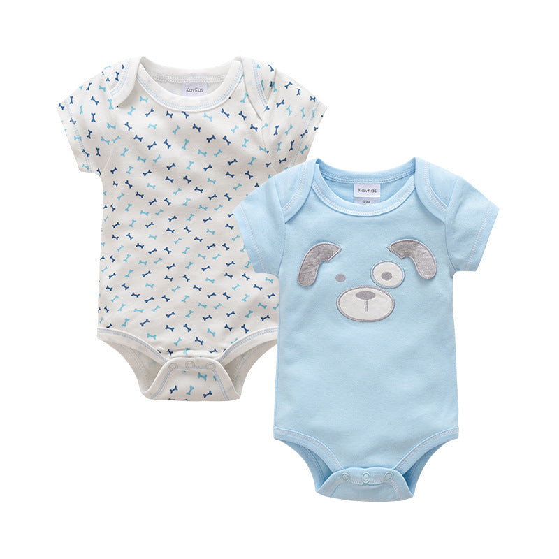 Pack of newborn summer onesies with blue dog print and solid blue onesie with dog face design