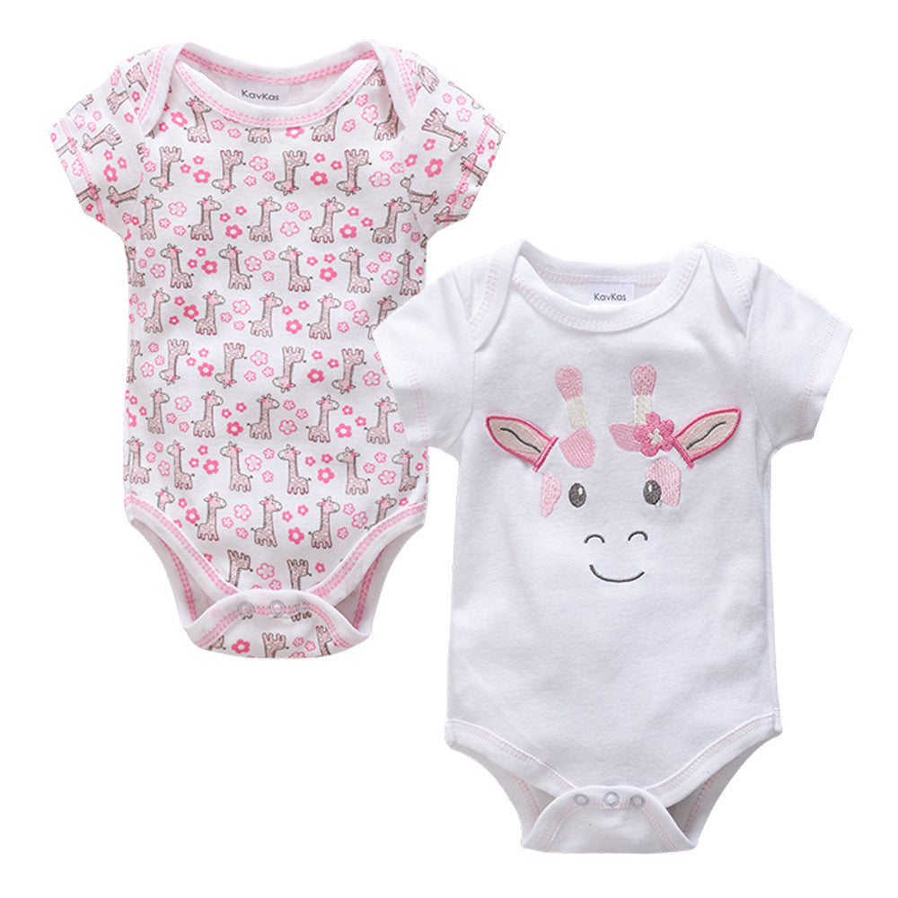 Set of two newborn summer onesies with cute giraffe patterns and pink accents