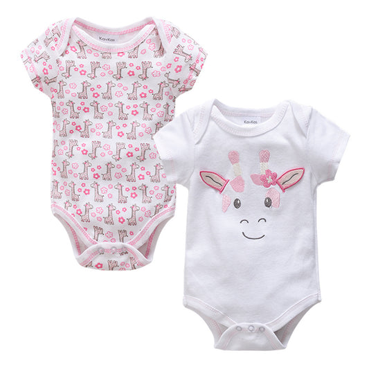 Set of two newborn summer onesies with cute giraffe patterns and pink accents