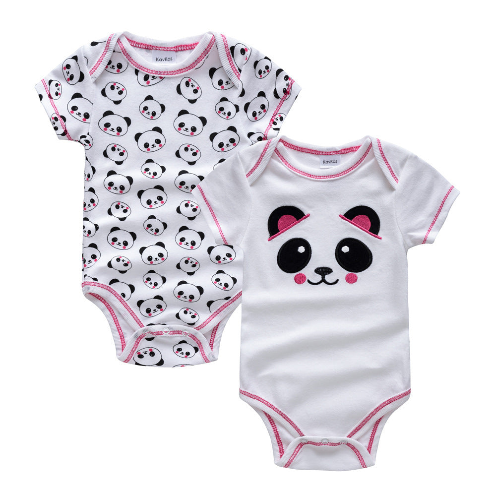 Two white newborn summer onesies with panda face and all-over panda print designs