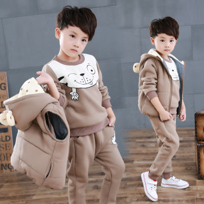 Kids fleece sweater set in brown with cartoon dog design and matching pants for boys