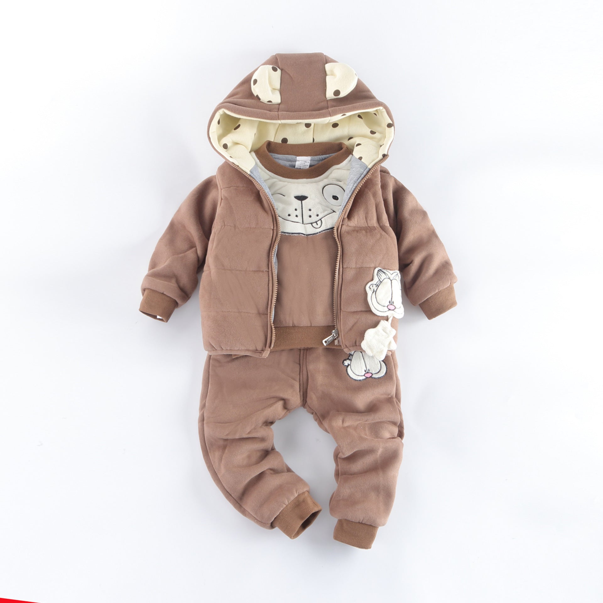 Brown kids fleece sweater set with hood featuring bear ears and face design on shirt