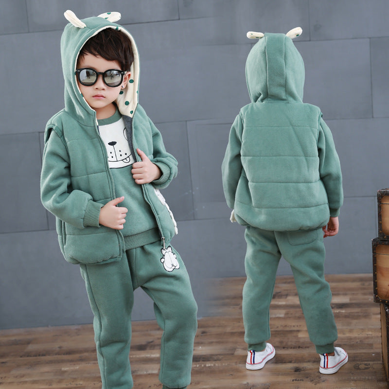 Green kids fleece sweater set with hood and ears worn by child in front and back views