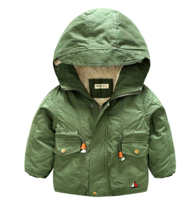 Green kids hooded winter coat with front pockets and warm lining for cold weather