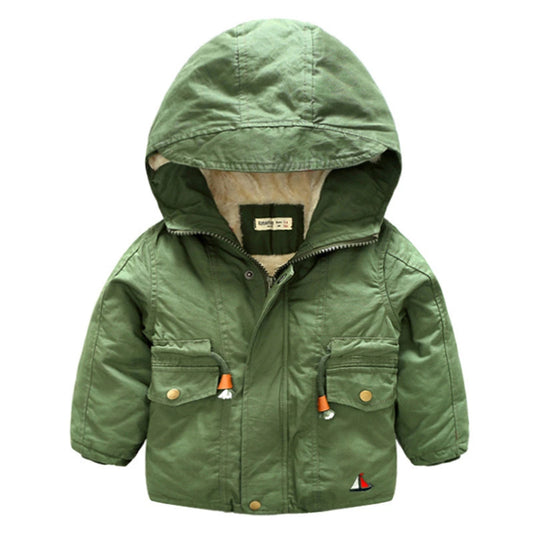 Green kids hooded winter coat with front pockets and warm fleece lining