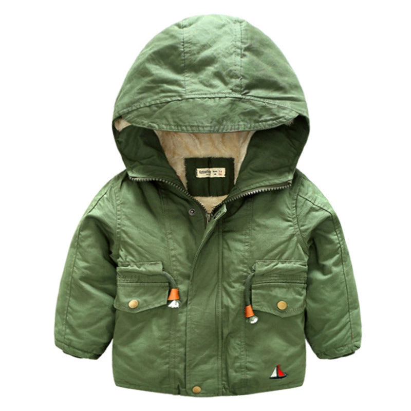 Green kids hooded winter coat with front pockets and soft inner lining for warmth