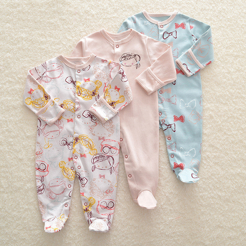 Set of three colorful long sleeve baby onesie with footed design and cute prints on soft fabric