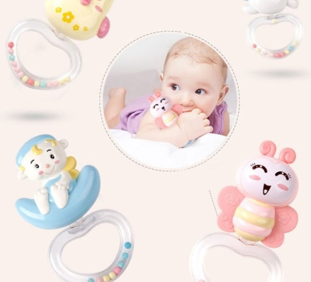 Infant soothing mobile with remote featuring colorful animal toys and a smiling baby lying under it