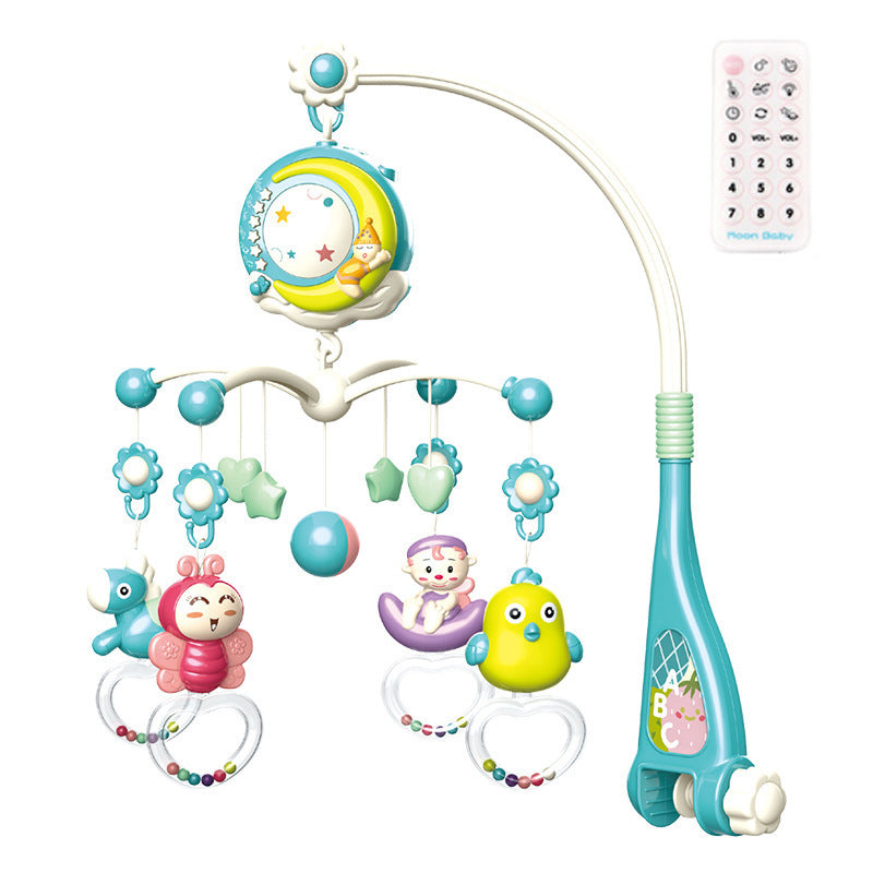 Infant soothing mobile with remote featuring colorful hanging toys and music player arm in blue and white