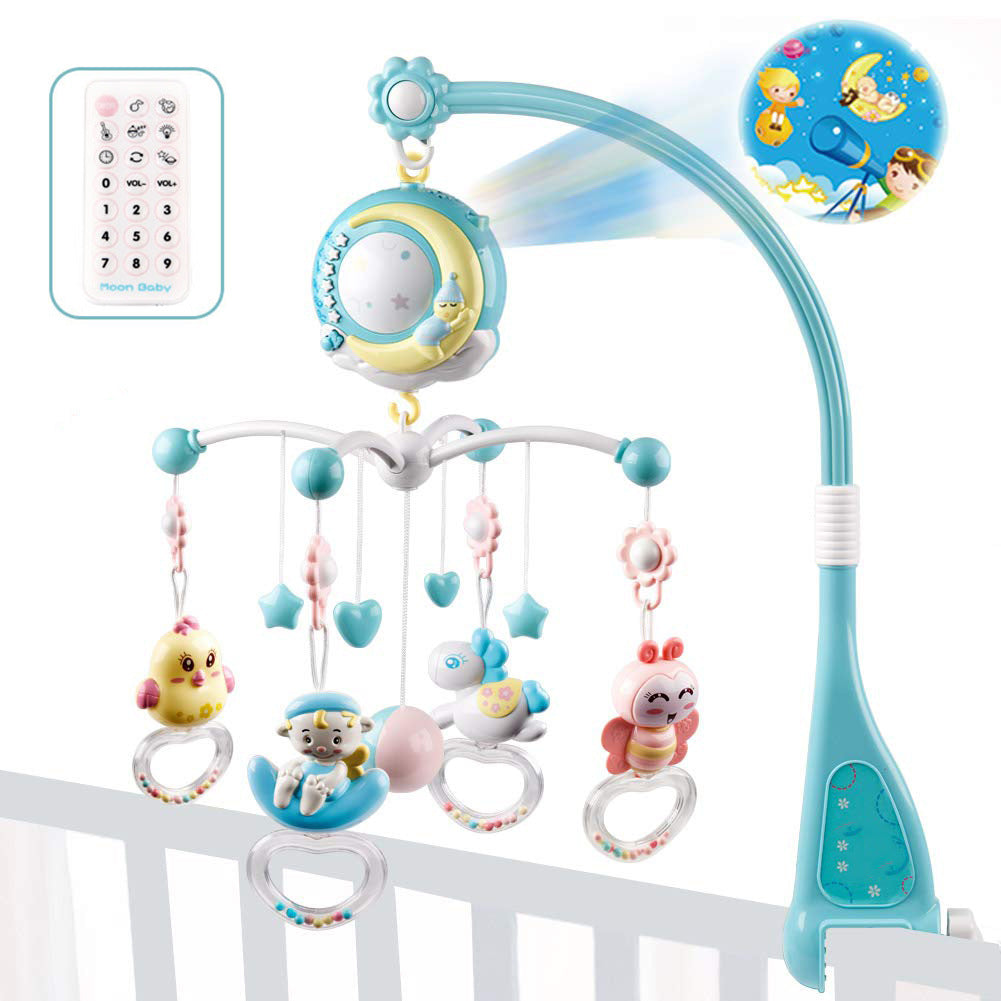 Infant soothing mobile with remote featuring hanging animal toys and night light projector in blue