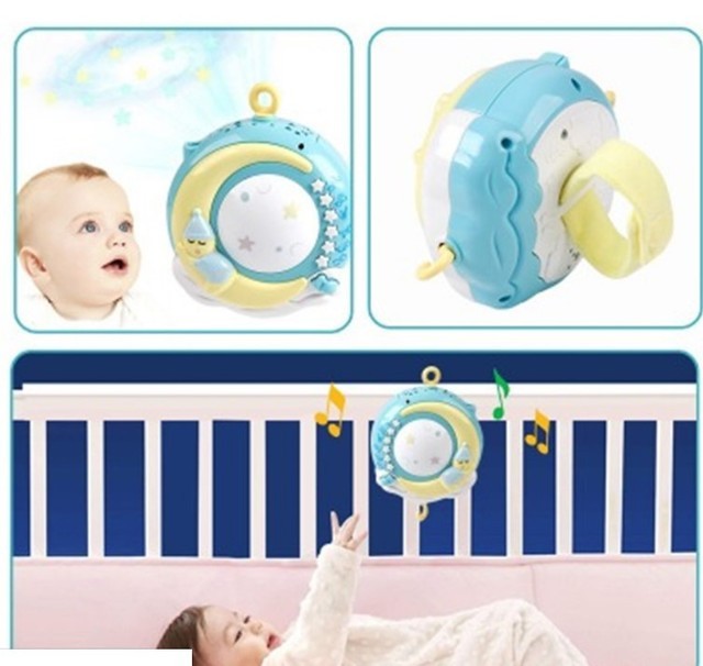Infant soothing mobile with remote in blue and yellow projecting stars and music over crib for baby care